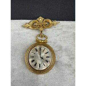 Vintage Faux Watch Brooch Gold Tone Signed ART